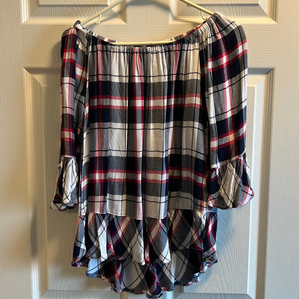 Off the solder plaid top